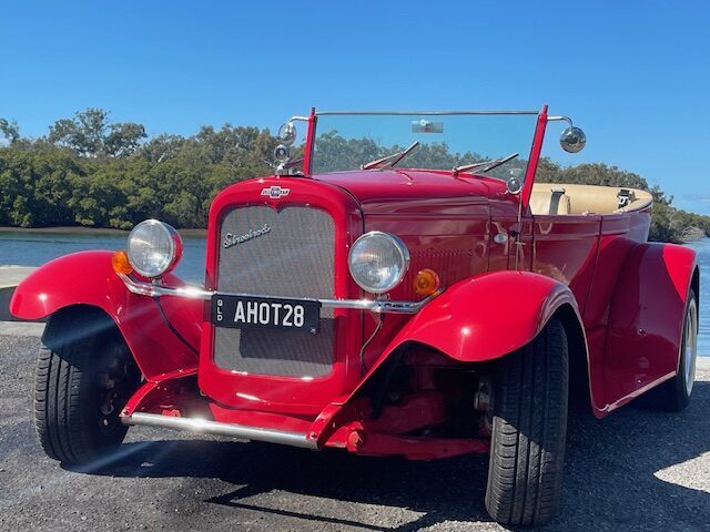 Vintage classic car hire Brisbane for special events with Bonnie front view